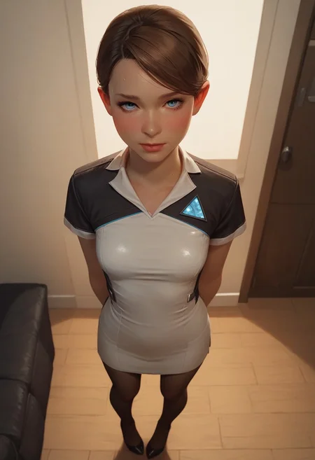 score_9, score_8_up, score_8_up, godrays,1girl, living room, blush, sweat, expressiveh, used, standing, sexy legs, sexy pose, thigh gap, legs apart, happy, pantyhose, full body view, medium breast, petite body, skinny, view from above, 1girl, short hair, brown hair, blue eyes, lips, dress, pants, short sleeves