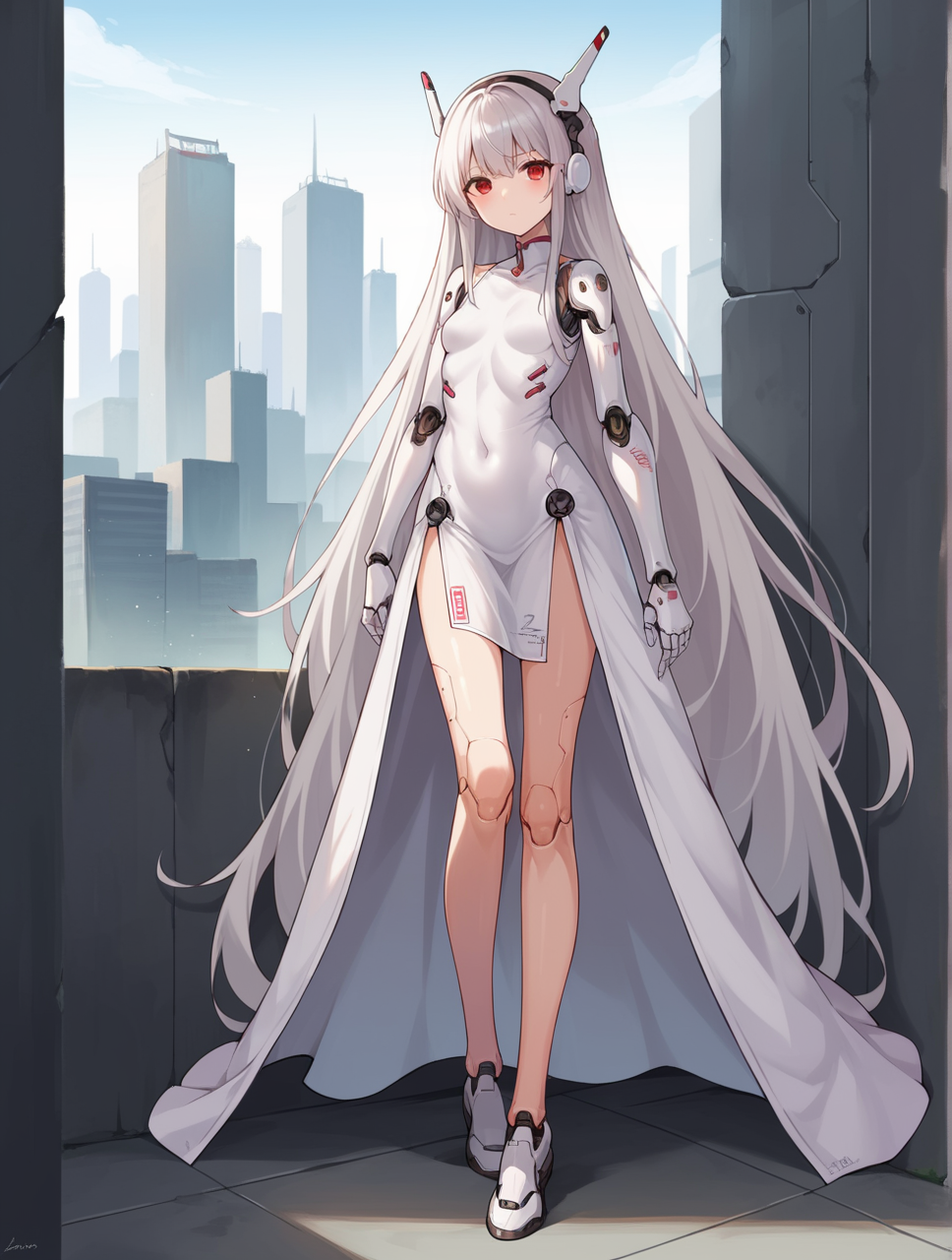 score_9, score_8_up, score_7_up, score_6_up, source_anime, uncensored, city,
BREAK
1girl, impossible clothes, dress, red eyes, solo, weapon, long hair, joints,  full body, covered navel, looking at viewer, grey hair, robot joints, small breasts, mechanical arms, very long hair, android, science fiction, mechanical legs, closed mouth, cyborg, white hair,  mechanical arms, mechanical halo, white dress, 
<lora:yunimaru:0.4>