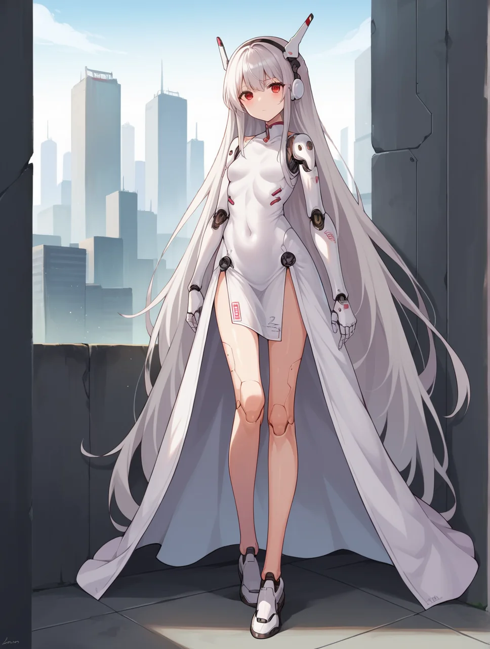 score_9, score_8_up, score_7_up, score_6_up, source_anime, uncensored, city,
BREAK
1girl, impossible clothes, dress, red eyes, solo, weapon, long hair, joints, full body, covered navel, looking at viewer, grey hair, robot joints, small breasts, mechanical arms, very long hair, android, science fiction, mechanical legs, closed mouth, cyborg, white hair, mechanical arms, mechanical halo, white dress,
<lora:yunimaru:0.4>