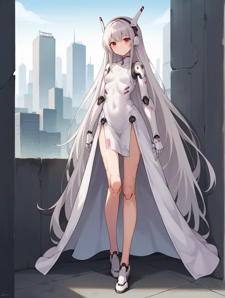 score_9, score_8_up, score_7_up, score_6_up, source_anime, uncensored, city,
BREAK
1girl, impossible clothes, dress, red eyes, solo, weapon, long hair, joints,  full body, covered navel, looking at viewer, grey hair, robot joints, small breasts, mechanical arms, very long hair, android, science fiction, mechanical legs, closed mouth, cyborg, white hair,  mechanical arms, mechanical halo, white dress, 
<lora:yunimaru:0.4>