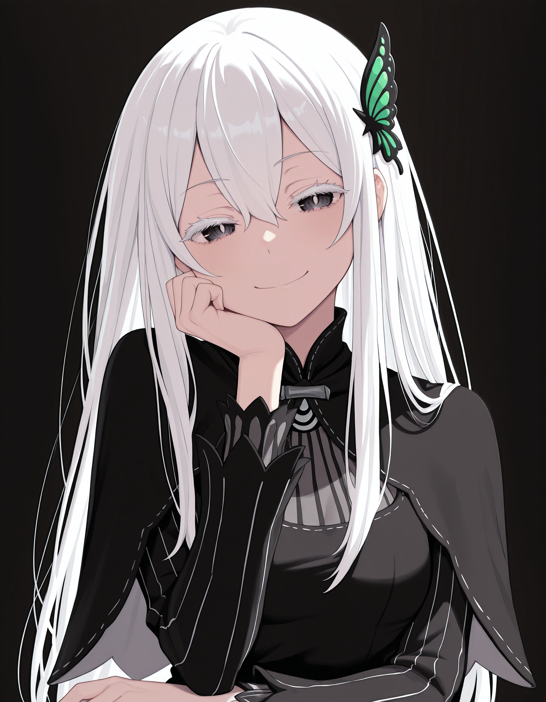 <lora:Echidna_1:1>ech1dna, colored eyelashes, hair between eyes, white hair,
echidn4dress, black dress, vertical-striped dress, capelet, long sleeves, butterfly hair ornament, 
sitting, upper body, hand on own chin, smile,
simple background, black background,, masterpiece, best quality, amazing quality