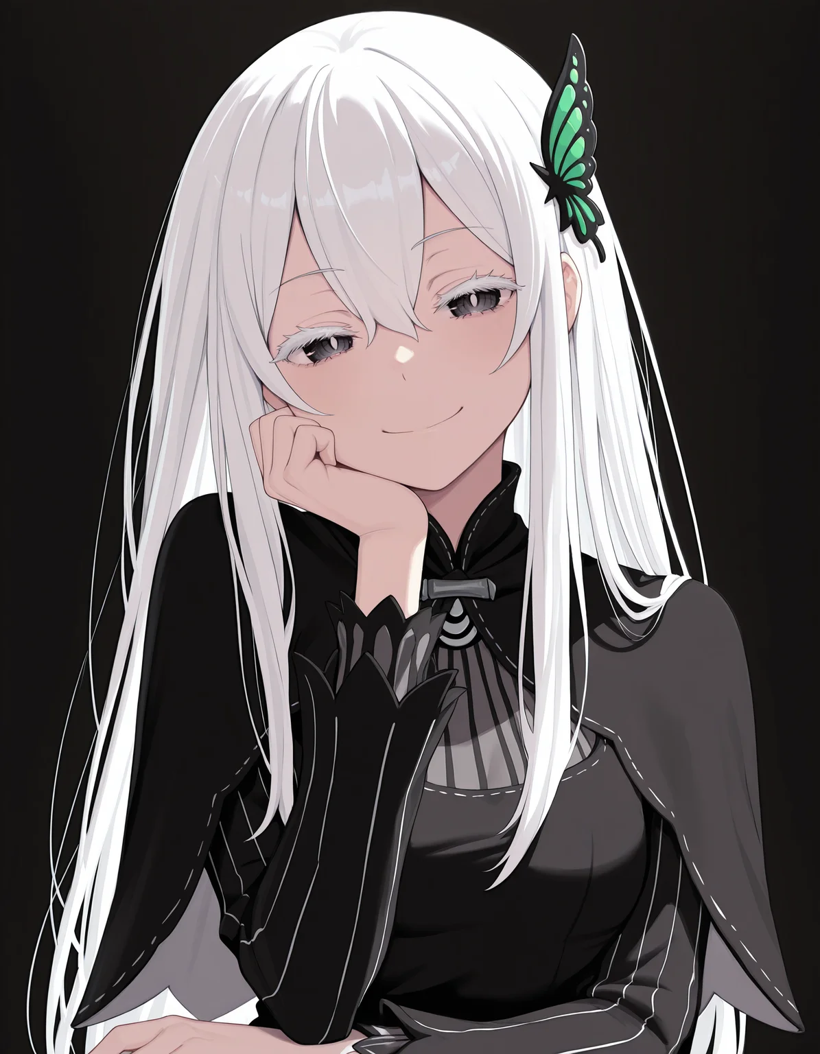 <lora:Echidna_1:1>ech1dna, colored eyelashes, hair between eyes, white hair,
echidn4dress, black dress, vertical-striped dress, capelet, long sleeves, butterfly hair ornament,
sitting, upper body, hand on own chin, smile,
simple background, black background,, masterpiece, best quality, amazing quality