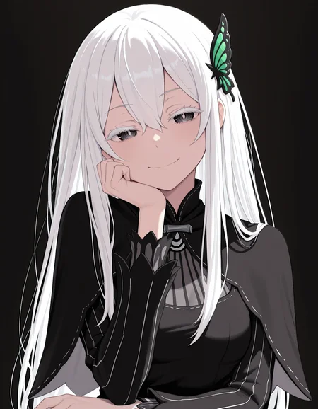 <lora:Echidna_1:1>ech1dna, colored eyelashes, hair between eyes, white hair,
echidn4dress, black dress, vertical-striped dress, capelet, long sleeves, butterfly hair ornament,
sitting, upper body, hand on own chin, smile,
simple background, black background,, masterpiece, best quality, amazing quality