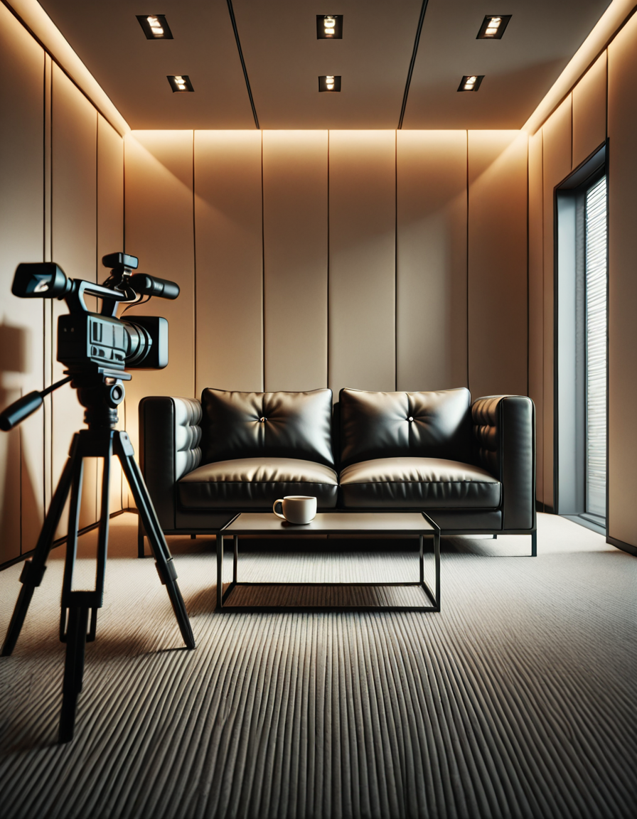 A high-quality, realistic photograph of a modern casting office interior featuring a simple black leather couch positioned against a plain white wall. The couch is sleek, clean, and minimalist in design, with smooth cushions and subtle stitching details. In front of the couch is a small, low wooden coffee table with a few neatly stacked magazines and a glass of water. To the side, there's a professional camera on a tripod aimed at the couch, with softbox lights set up to provide balanced, diffused lighting, eliminating harsh shadows. The floor is covered with light gray carpet, adding a soft texture to the scene. The atmosphere is quiet and neutral, resembling a professional interview space. The overall composition is centered and symmetrical, with a clear focus on the furniture and equipment. No people are present. The photograph has a natural daylight tone coming from an unseen window, giving a soft, ambient glow to the room.
<lora:SDXLFaeTastic2400:0.4> <lora:extremely_detailed:0.4> extremely detailed, <lora:C4st1ng_c0uch-i:1>,C4st1ng c0uch, Masterpiece,best quality,hi res,8k,hi res,8k,award winning,(sharp focus, intricate, highly detailed),