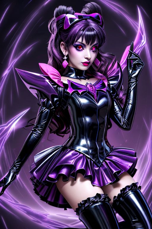 MEvil, EvlSM, Bad_End_Precure, DarkPrecure, adult, evil corrupted princess wearing dark pastel (ruffled:1) (gleaming latex:1) (sailor senshi uniform) with (long latex vampire cloak:1) and latex gauntlets, soft lighting, ruffles,
(makeup, lipstick, mascara, eyeshadow),
(red eyes, colored skin, glowing eyes, evil smile),
<lora:more_details:0.5>,