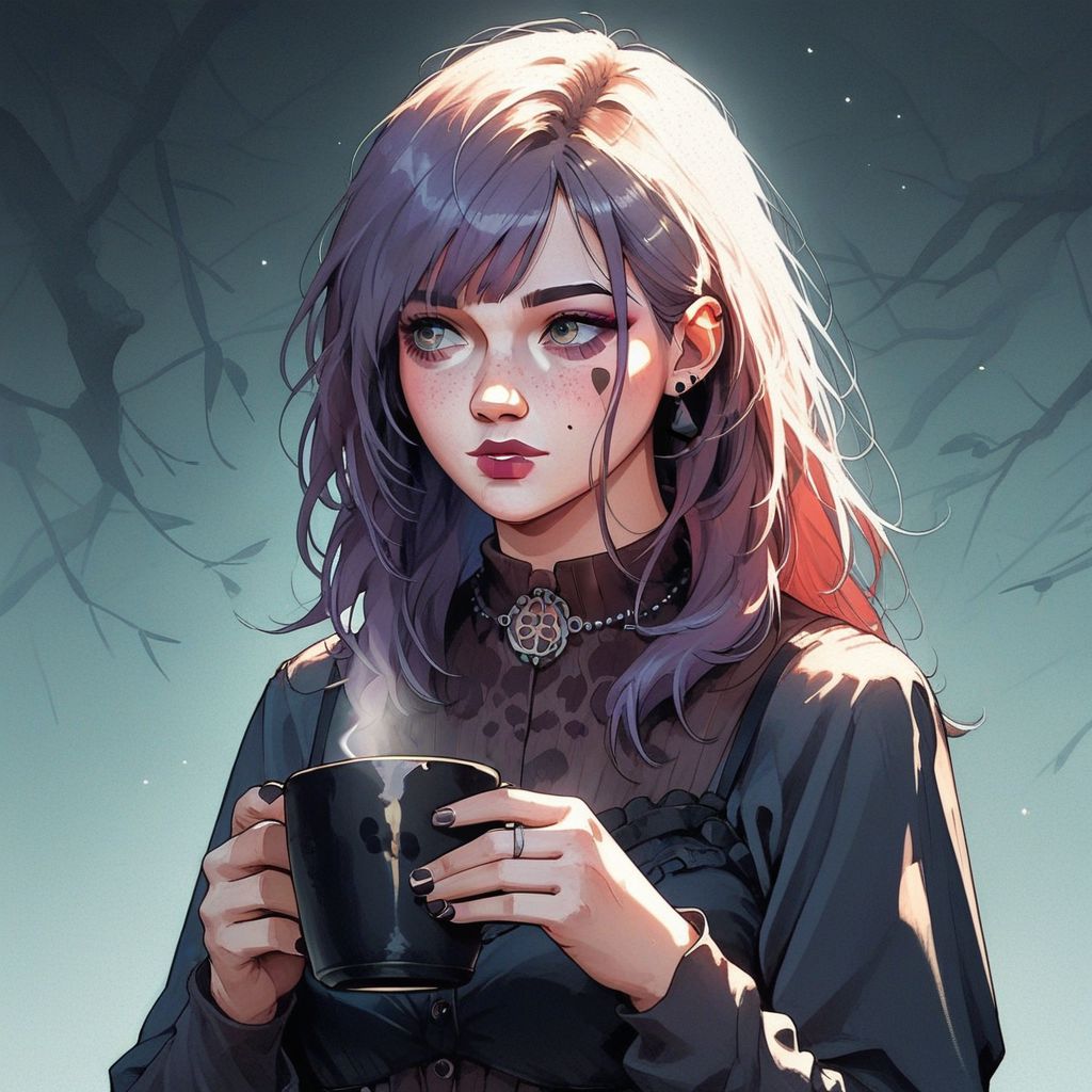 score_9, knva, 1girl, Sable Ward, holding a black cup of tea,