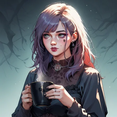 score_9, knva, 1girl, Sable Ward, holding a black cup of tea,