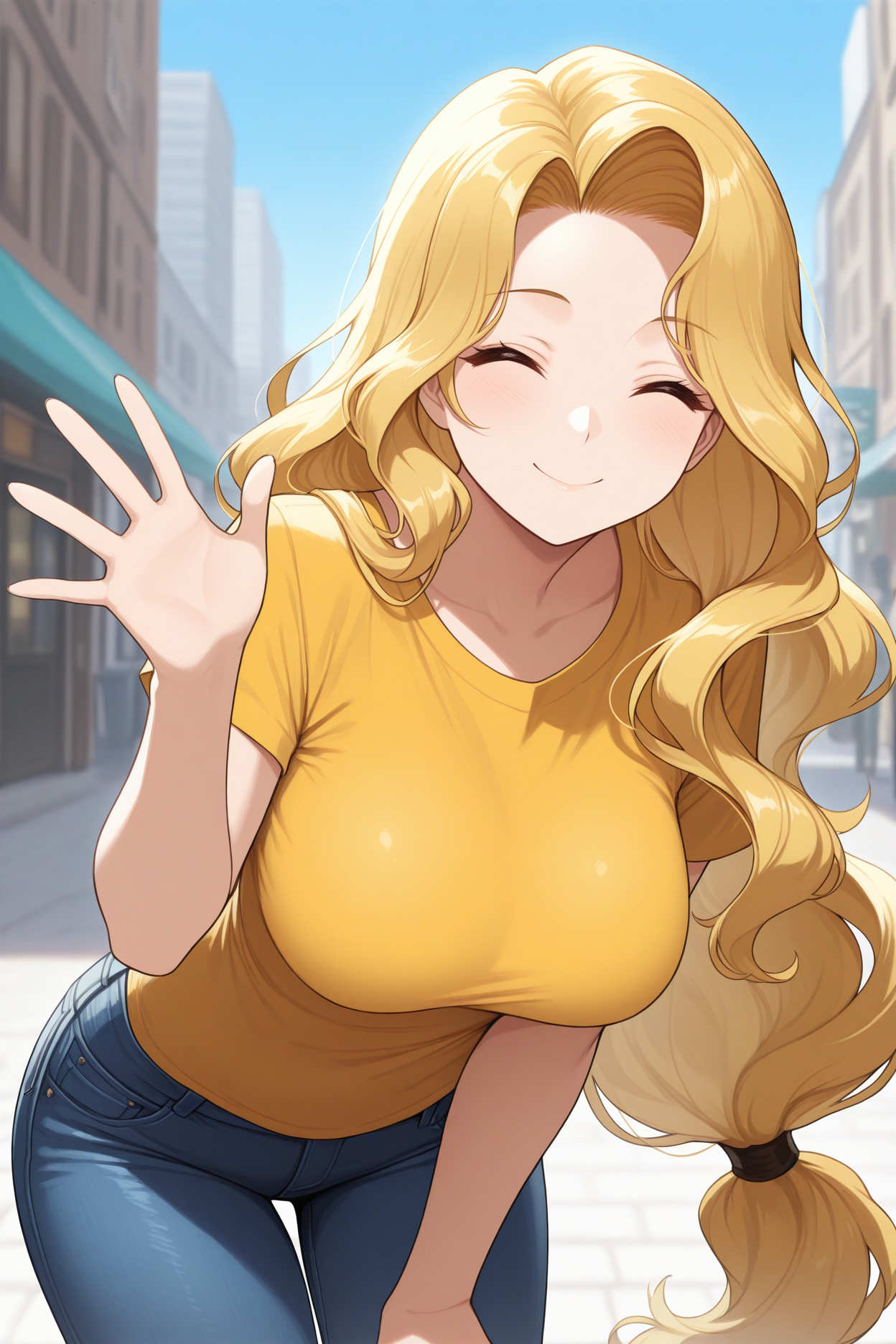 masterpiece, best quality, 1girl, solo, <lora:febrigid-illu-nvwls-v1-000006:1> febgd, blonde hair, long hair, wavy hair, low-tied long hair, large breasts, yellow t-shirt, looking at viewer, closed eyes, ^_^, smile, waving, jeans, leaning forward, blue sky, city street