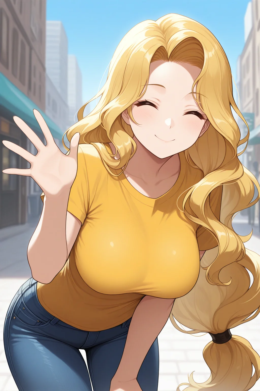 masterpiece, best quality, 1girl, solo, <lora:febrigid-illu-nvwls-v1-000006:1> febgd, blonde hair, long hair, wavy hair, low-tied long hair, large breasts, yellow t-shirt, looking at viewer, closed eyes, ^_^, smile, waving, jeans, leaning forward, blue sky, city street