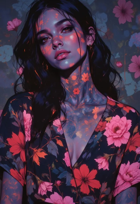 A highly detailed moody photograph, HD, 8K quality, ultra-detailed, masterpiece artwork, featuring a model face with floral tattoos blending seamlessly with her background. She wears a sleek, form-fitting shirt patterned with glowing pink floral designs that echo the vibrant, botanical theme of her backdrop. The luminous pink flower patterns cast soft reflections on her smooth skin, enhancing the delicate interplay of light and shadow, while the shirt’s reflective material ripples with subtle highlights, mirroring the background's ethereal floral motifs.