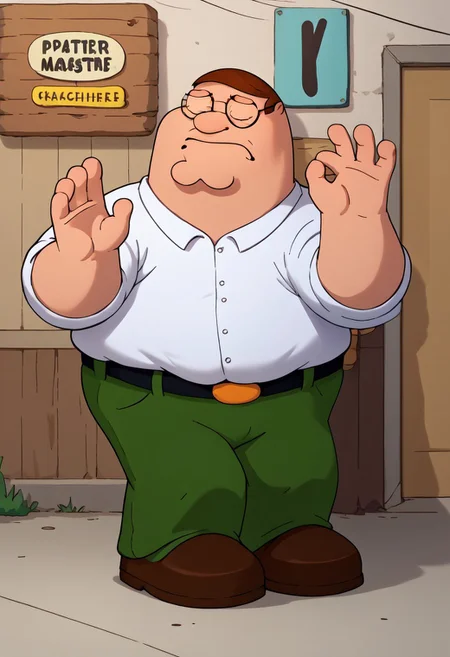 score_9, score_8_up, score_7_up, pachameme, hands up, ok sign, closed eyes, peter, glasses, fat, 1boy, white shirt, solo, brown hair, green pants, belt, brown footwear