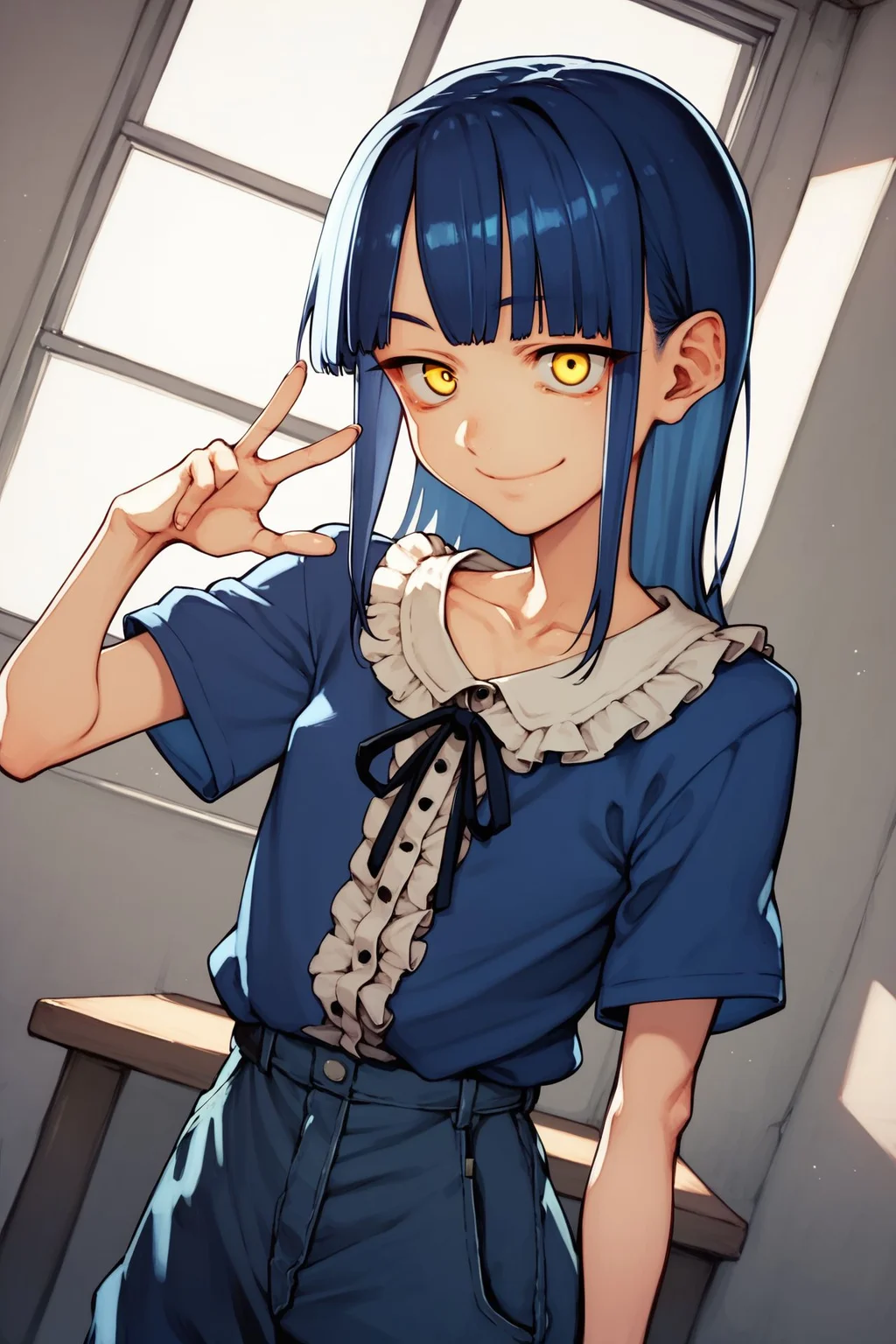 score_9, score_8_up, score_7_up, 1girl, cheeky smile, fox shadow puppet, dark blue hair, fringed_bangs, ribbon bangs, yellow eyes, flat chest, yellow poncho, indoors, dutch angle, bright <lora:kotoyama_PonyXL_style_v01:1>