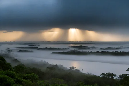 Stable_Yogis_PDXL_Positives,<lora:age_slider_v4:-2>,A tranquil view of the Amazon River at dawn in Brazil, with mist rising from the water and the soft light illuminating the lush banks, The atmosphere is peaceful and reflective, perfect for capturing the beauty of this vital waterway,(A dramatic stormy night with flashes of lightning illuminating the dark clouds, creating a sense of chaos and excitement. The atmosphere is charged with energy and anticipation),âââ