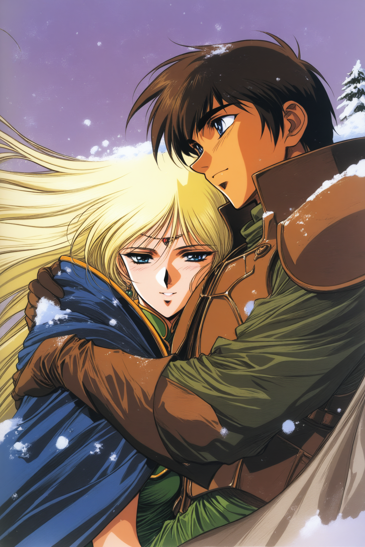 masterpiece,best quality,high quality,high score,great score,absurdres,
Parn,Deedlit,1boy,retro artstyle,1girl,blonde hair,long hair,snow,gloves,1990s \(style\),brown hair,couple,blue eyes,brown armor,hetero,hug,cape,traditional media,
<lora:yuuki nobuteru_XL_v2:0.8>,
