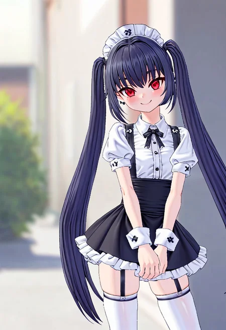 blurred background,
smile,
looking at viewer,
solo,
koohPangya, black hair, red eyes, kooh, twintails, flat chest,
maidSet, thighhighs, headdress, ribbon, white legwear, frills, black skirt, puffy short sleeves, cuffs,
standing,
masterpiece,best quality,good quality,newest,