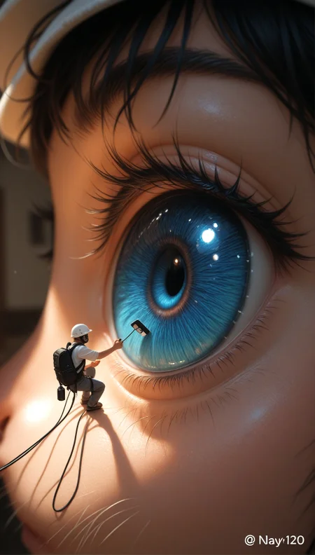 A close-up photograph of a human eye with a small robot-like figure in the center. The robot is wearing a white helmet and a black backpack, and is holding a small device in its hand. The background is blurred, and the lighting is soft and diffused. The image is high quality and has a watermark in the bottom right corner..    
,photorealistic,masterpiece, best quality, amazing quality, very aesthetic, perfect eyes, 24yo, ( dramatic lighting) ,
,1girl, short_hair, blue_eyes, shirt, black_hair, 1boy, hat, holding, sitting, male_focus,   looking_at_another, blurry, eyelashes, blurry_background, depth_of_field, phone, cat, backpack, cellphone, close-up, reflection, realistic, size_difference, selfie, cable, giant, whiskers, ambiguous_gender, oversized_animal, eye_focus, eye_reflection, photorealistic

