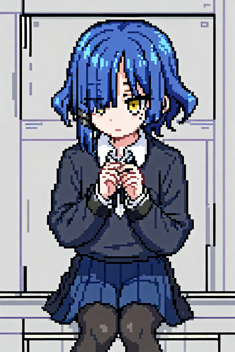 1girl, yamada ryo, yellow eyes, short hair, hair over one eye, blue hair, mole under eye, eyes visible through hair, hairclip, shimokitazawa high school uniform, collared shirt, white shirt, long sleeves, black ribbon, blue skirt, pleated skirt, black pantyhose, fingernails  <lora:Pixel_Art_XL:0.8>