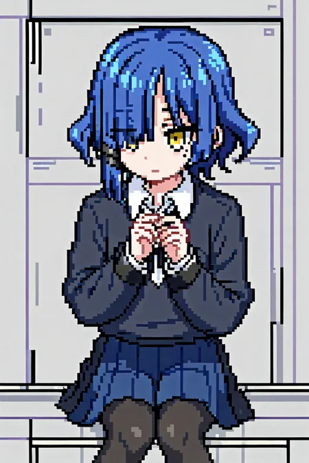 1girl, yamada ryo, yellow eyes, short hair, hair over one eye, blue hair, mole under eye, eyes visible through hair, hairclip, shimokitazawa high school uniform, collared shirt, white shirt, long sleeves, black ribbon, blue skirt, pleated skirt, black pantyhose, fingernails <lora:Pixel_Art_XL:0.8>