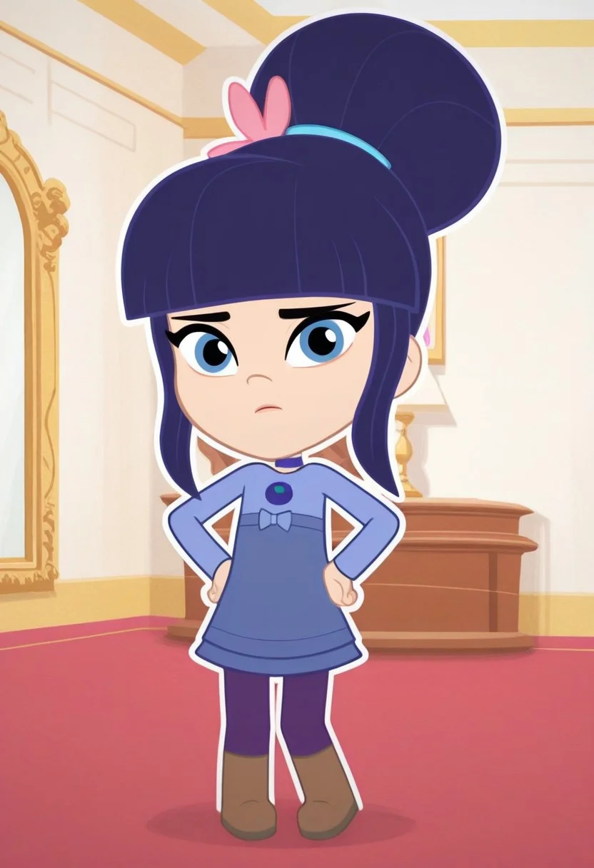 Chb3Hi3, Chibi, cute, masterpiece,best quality,amazing quality, invert, Blueberry_Muffin, 1girl, solo, dark blue hair, very big bun, flat bangs, light skin, blue-grey eyes, light blue hair tie, light pink flower, dark blue choker, blue long-sleeve dress, light purple leggings, brown boots,(dutch angle, Hands on hips,naughty pose, looking at viewer, indoors, elegant room, solo, dynamic pose, full body, head tilt,),((white background, White frame, white outline))