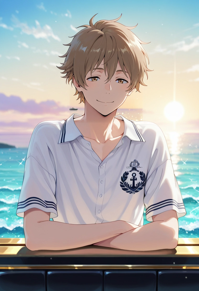masterpiece, best quality, intricate details, , , 1boy, solo, male focus, <lora:shun_hashimoto_ilxl:0.98>, shun_hashimoto, brown hair, brown eyes, short hair, luxury yacht, sunlit deck, sparkling waves, golden railings, relaxing pose, satisfied expression, ocean glow,