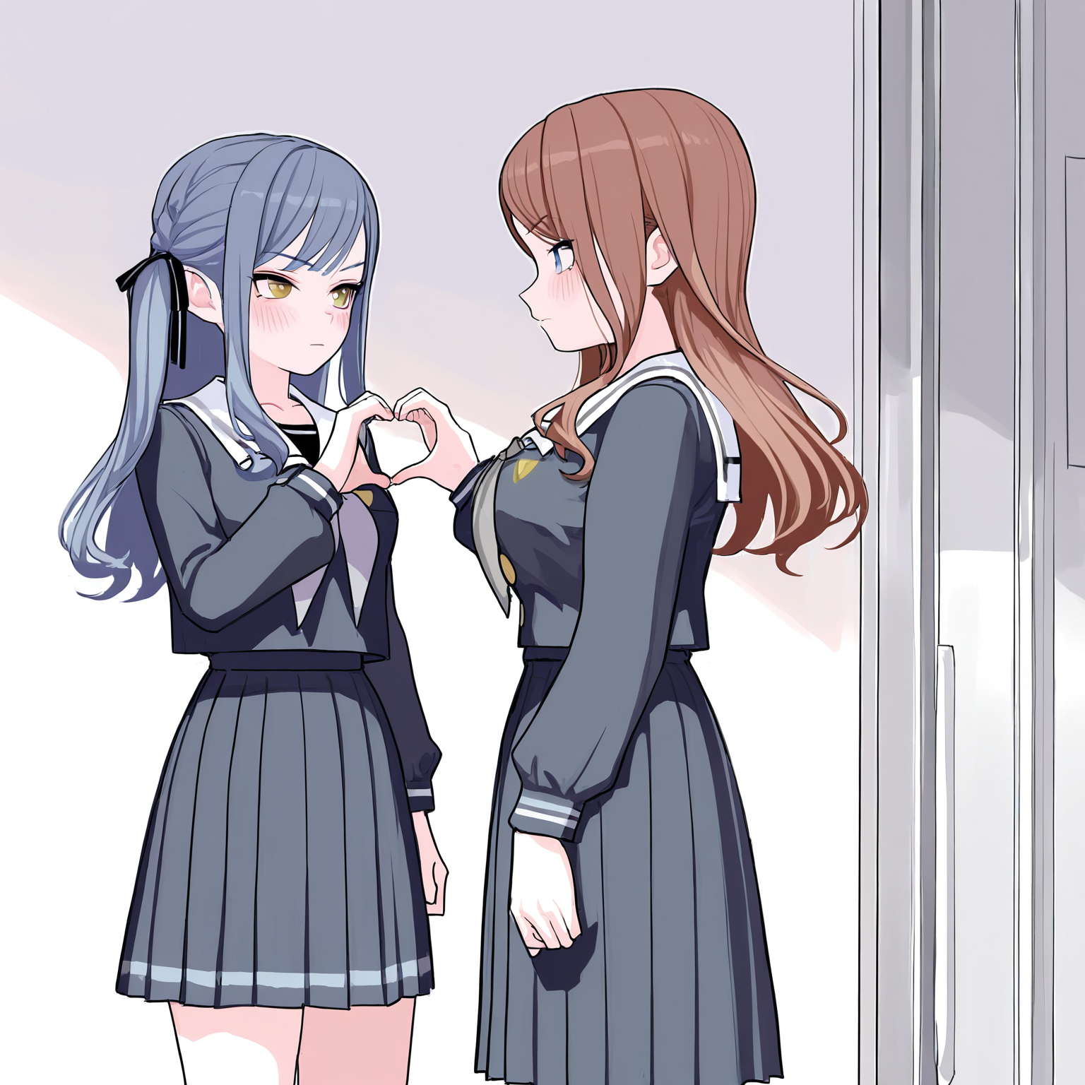 <lora:MyGo_IlluXL:1>, 2girls, yuri, heart hands, togawa sakiko, nagasaki soyo, blush, standing, side-by-side, serafuku, white sailor collar, school uniform, pleated skirt, blue skirt, blue shirt, grey neckerchief, cowboy shot, looking at another, blue hair, brown hair, yellow eyes, blue eyes,, best quality, masterpiece, highres, [[fkey, tianliang duohe fangdongye]], very aesthetic,absurdres,