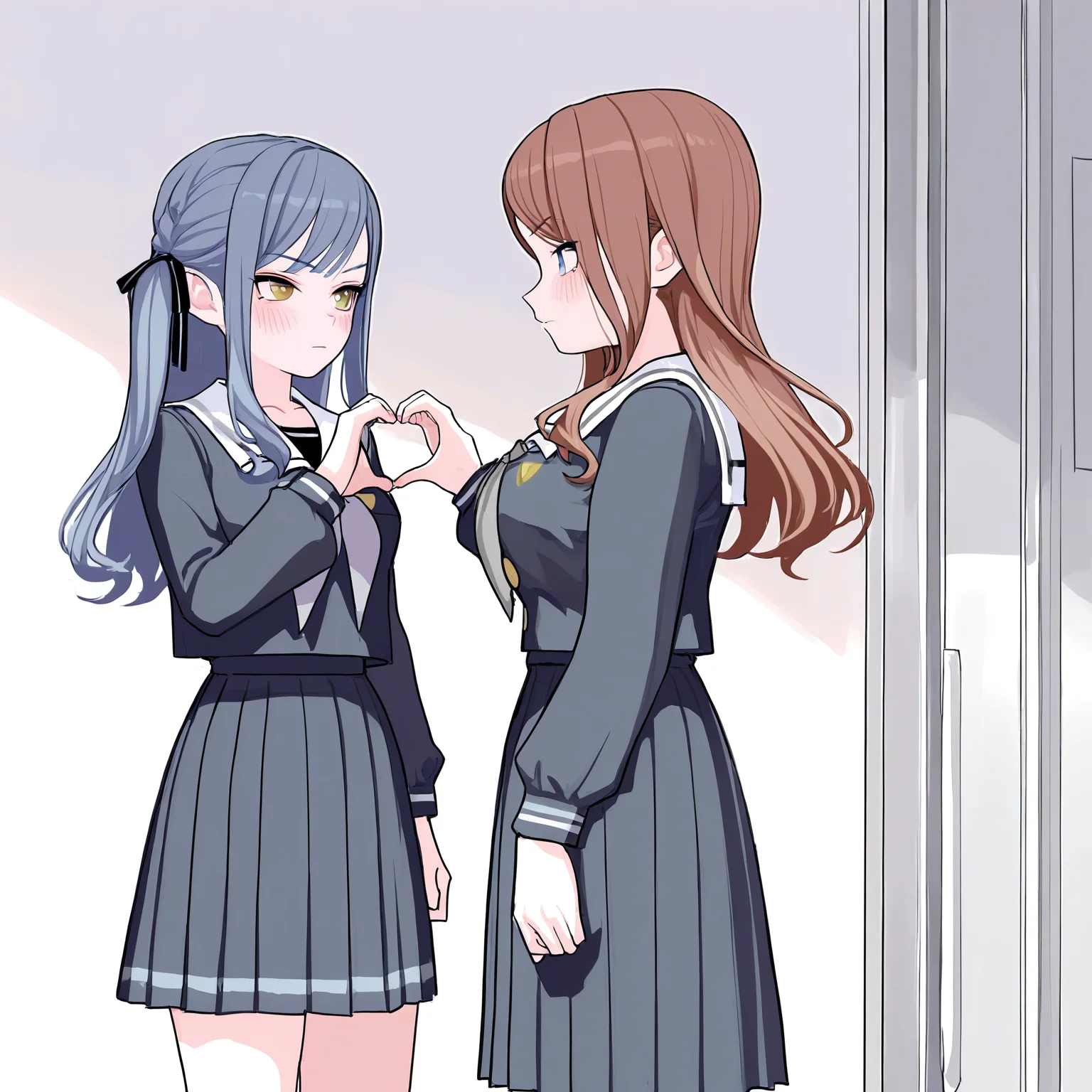 <lora:MyGo_IlluXL:1>, 2girls, yuri, heart hands, togawa sakiko, nagasaki soyo, blush, standing, side-by-side, serafuku, white sailor collar, school uniform, pleated skirt, blue skirt, blue shirt, grey neckerchief, cowboy shot, looking at another, blue hair, brown hair, yellow eyes, blue eyes,, best quality, masterpiece, highres, [[fkey, tianliang duohe fangdongye]], very aesthetic,absurdres,