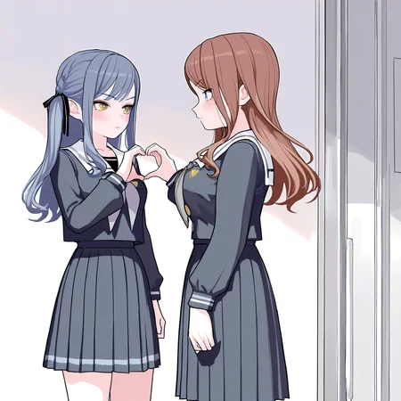 <lora:MyGo_IlluXL:1>, 2girls, yuri, heart hands, togawa sakiko, nagasaki soyo, blush, standing, side-by-side, serafuku, white sailor collar, school uniform, pleated skirt, blue skirt, blue shirt, grey neckerchief, cowboy shot, looking at another, blue hair, brown hair, yellow eyes, blue eyes,, best quality, masterpiece, highres, [[fkey, tianliang duohe fangdongye]], very aesthetic,absurdres,