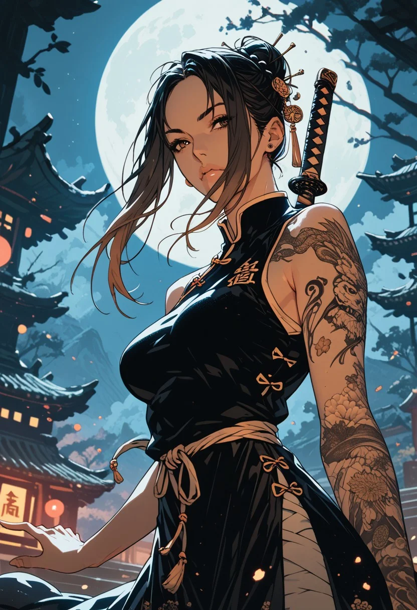 score_9, score_8_up, score_7_up, score_6_up, 1woman, mature woman, (score_9, score_8_up:1.1), score_7_up,
Very long black hair, brown gradient hair, high hair bun, brown eyes, pale skin, medium breasts, full right arm tattoo, sleeveless_kimono, Chinese attire, detailed background, chinese temple, tough face, night, dynamic pose, shadows, posing, Standing, holding a sword, dark light, night,