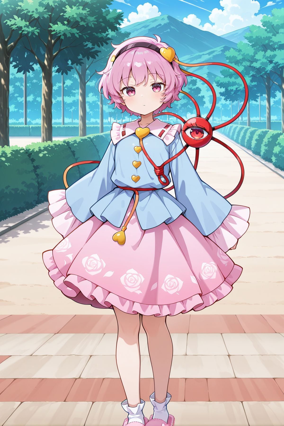 absurdres, highres, masterpiece, best quality, amazing quality, official anime artwork, screencap, anime screencap, looking at viewer, outdoors, 
 <lora:Komeiji-Satori_IllustriousV2:1> komeiji satori, 1girl, solo, pink eyes, pink hair, short hair, third eye,, black hairband, heart hair ornament, blue shirt, long sleeves, frilled sleeves, wide sleeves, heart button, yellow buttons, pink skirt, frilled skirt, white socks, pink slippers,