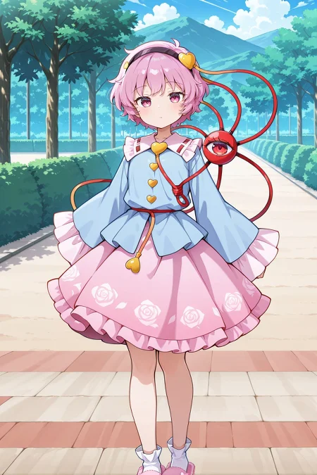 absurdres, highres, masterpiece, best quality, amazing quality, official anime artwork, screencap, anime screencap, looking at viewer, outdoors,
<lora:Komeiji-Satori_IllustriousV2:1> komeiji satori, 1girl, solo, pink eyes, pink hair, short hair, third eye,, black hairband, heart hair ornament, blue shirt, long sleeves, frilled sleeves, wide sleeves, heart button, yellow buttons, pink skirt, frilled skirt, white socks, pink slippers,