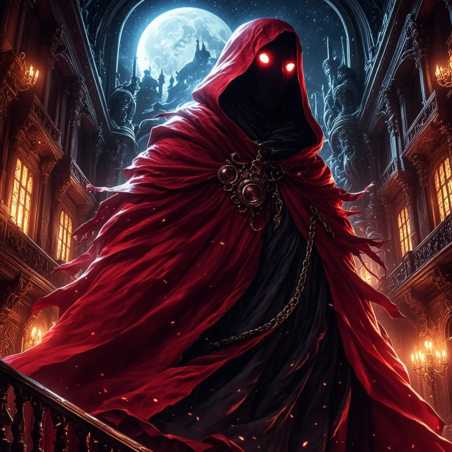 fantasy art of an animated heavy crimson cape worn by a slender faceless shadow with glowing eyes, in a baroque haunted mansion at night, detailed, high resolution <lora:spo_sdxl_10ep_4k-data_lora_webui:1.0>