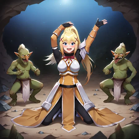 goblin wearing loincloth,  loincloth, leather armor , darkness \(konosuba\), darkness  attacked by goblins, 1girl,  full body, detailed, realistic,  on knees,  cave, blushing,  arms raised, yellow hair,  happy, white armor ,     source_anime, <lora:Anime Cold Night Style SDXL_LoRA_Pony Diffusion V6 XL:0.8> dark theme, low light, <lora:Darkness-000004:.9>,