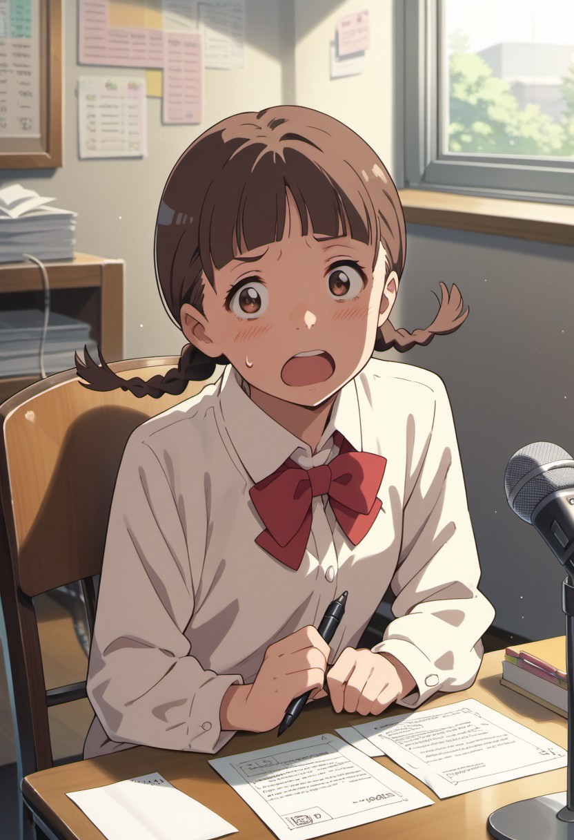 score_9, score_8_up, score_7_up, source_anime, natori sayaka, brown eyes, brown hair, twin braids, 1girl, solo, braid, chair, sitting, open mouth, microphone, bow, paper, indoors, sweatdrop, pen