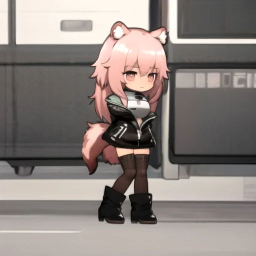 <lora:ArknightsSpritesV2:1>, akchibi, chibi, <lora:Gravel:1>, main outfit, animal ears, pink hair, long hair, black jacket, breastplate, thighhighs, torn thighhighs, black boots