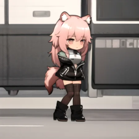 <lora:ArknightsSpritesV2:1>, akchibi, chibi, <lora:Gravel:1>, main outfit, animal ears, pink hair, long hair, black jacket, breastplate, thighhighs, torn thighhighs, black boots