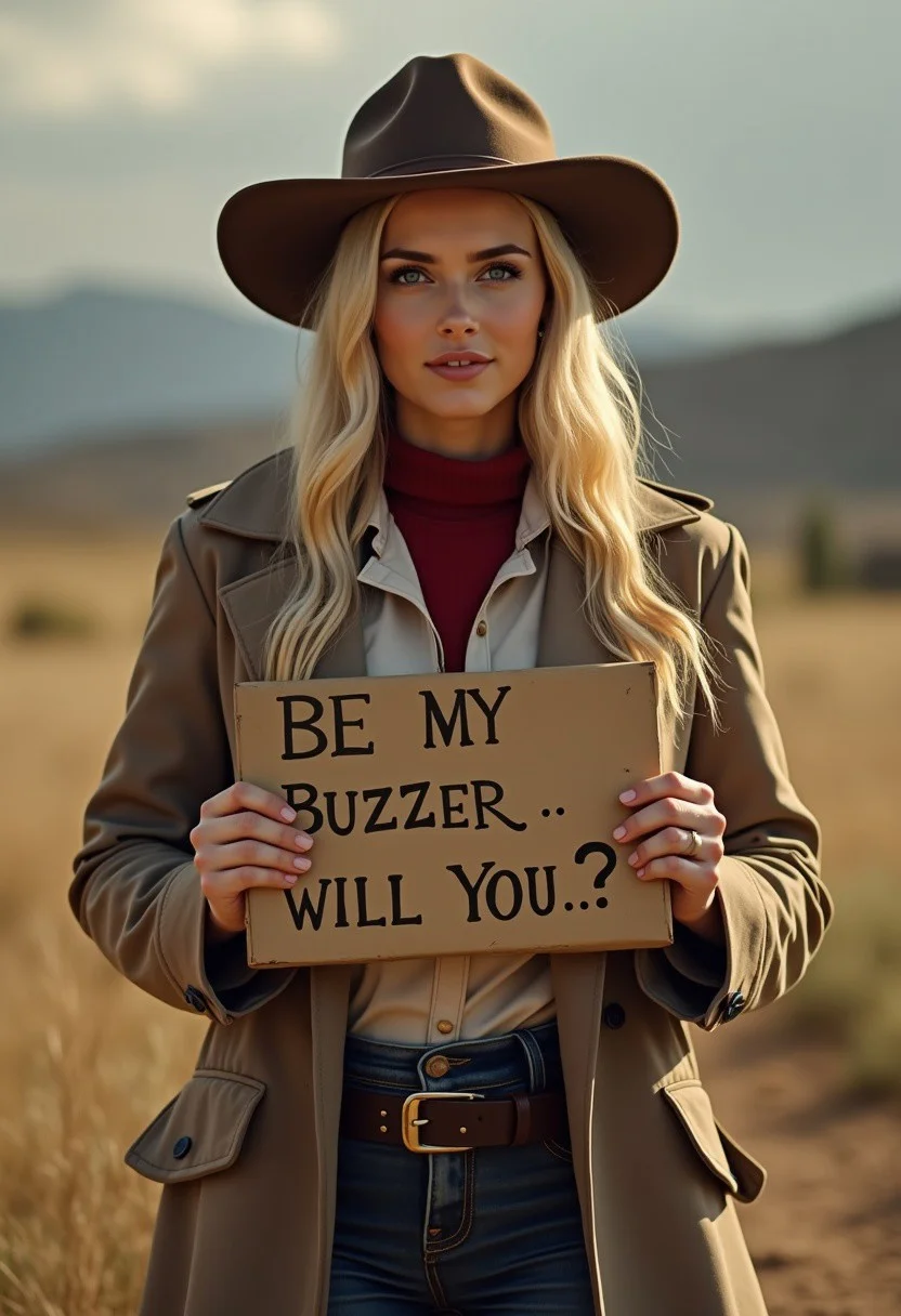 Young mom with long blonde hair and blue eyes wearing old western clothes and a long brown trench coat holding a sign that says "BE MY BUZZER WILL YOU...??"
<lora:CaityLotz:1>
