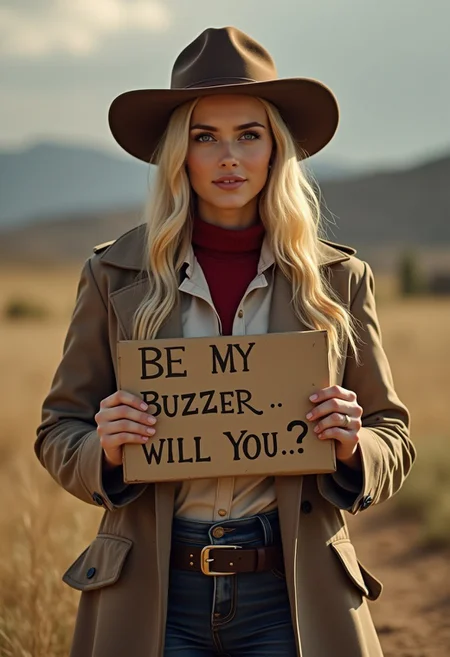 Young mom with long blonde hair and blue eyes wearing old western clothes and a long brown trench coat holding a sign that says "BE MY BUZZER WILL YOU...??"  
 <lora:CaityLotz:1>