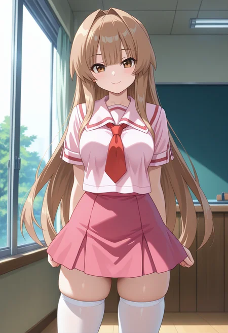 masterpiece, best quality, amazing quality, 1girl, solo, cowboy shot, sunww, brown eyes, brown hair, long hair, very long hair, bangs, school uniform, pink serafuku, pink sailor collar, pink shirt, short sleeves, red pleated skirt, zettai ryouiki, white thighhighs, looking at viewer, smile, indoors, day, skindentation, detailed clothing folds, depth of field, sharp, high contrast, dynamic light <lora:Seto_Sun_Seto_no_Hanayome_ill_v10:0.9>