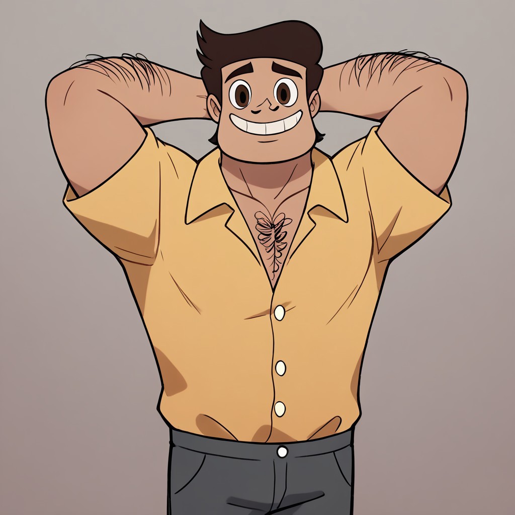 score_9, score_8_up, score_7_up BREAK RafaDiaz, 1boy, brown hair, brown eyes, tan skin, small mustache, hairy chest, hairy arms, yellow polo shirt, dark gray pants, mature male, smiling at viewer, hands behind head, cowboy shot,