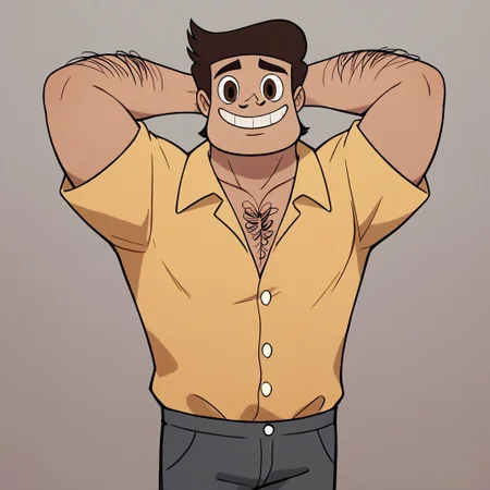 score_9, score_8_up, score_7_up BREAK RafaDiaz, 1boy, brown hair, brown eyes, tan skin, small mustache, hairy chest, hairy arms, yellow polo shirt, dark gray pants, mature male, smiling at viewer, hands behind head, cowboy shot,