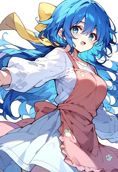 score_9,score_8_up,score_7_up,source_anime,zPDXL3,
*//*,<lora:YoshinoHimekawaH_v1.1:0.9>,H_yoshi0n,blue hair,long hair,low ponytail,blue eyes,medium breasts,yellow big ribbon,pink apron,white sweater,
*//*,looking at viewer,cowboy shot,dutch angle,dynamic pose,