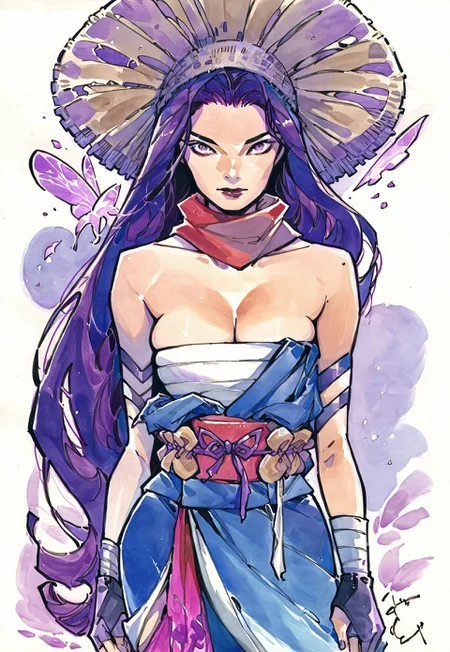 safe_pos, rating_nsfw, source_ANIME, source_MARVEL, peachmomoko, traditional media, score_9, score_8_up, score_7_up, , A dynamic anime-style action shot of Psylocke in her signature purple outfit, She has violet long hair, wearing hat, surrounded by psychic energy in a vibrant background of swirling light. (source: anime), high contrast, bold outline, broken colors, no gradient mesh, BREAK Open-Impressionism , cel-shading, rivals, ncpy13 style, pastels drawing, MYLF, sailocke, purple eyes, gloves, long hair, scarf, sarashi, fairy wings, large cleavage sagging teardrop shaped breasts, purple theme, kasa straw hat