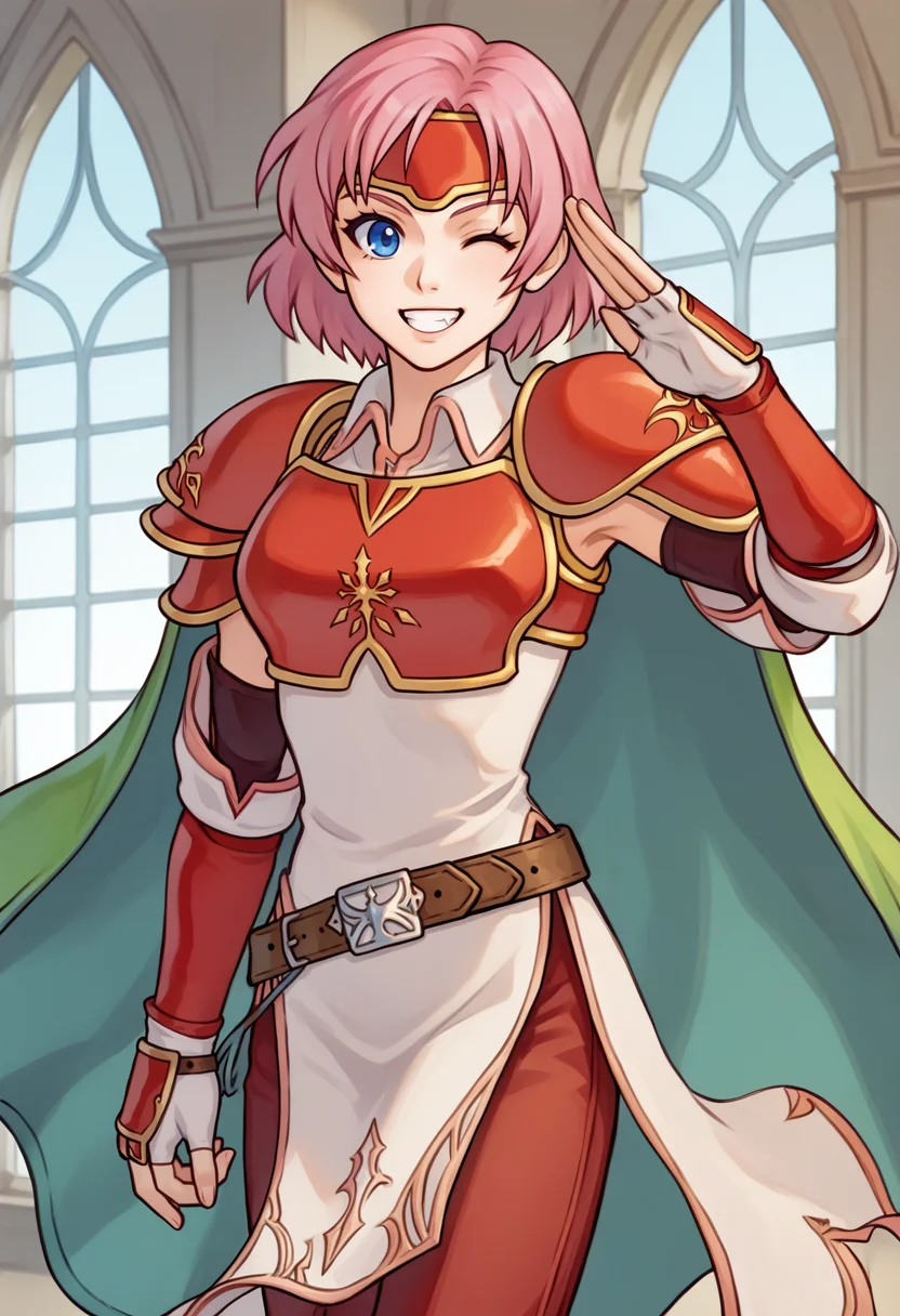 score_9, score_8_up, score_7_up, source_anime, BREAK 1girl, cowboy shot, looking at you, grin, wink, salute, <lora:MarciaFE-pdxl:1> dwnMarcia, medium hair, armored dress, pelvic curtain, red armor, breastplate, medium breasts, headband, pauldrons, belt, pants, green cape, detached sleeves, fingerless gloves, indoors, castle, window