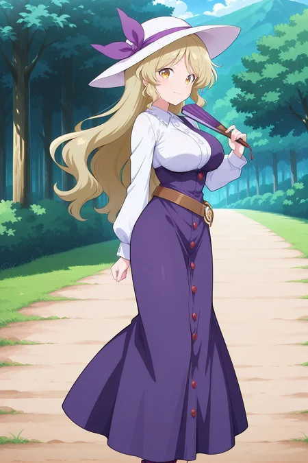 absurdres, highres, masterpiece, best quality, amazing quality, official anime artwork, screencap, anime screencap, outdoors, looking at viewer, light smile, dynamic pose,
<lora:Watatsuki-no-Toyihime_Illustrious:1> watatsuki no toyohime, 1girl, solo, yellow eyes, blonde hair, long hair, large breasts,, white hat, hat riibon, purple ribbon, white shirt, long sleeves, pinafore dress, purple dress, single strap, long dress, buttons, brown belt, loose belt, purple boots, hand fan, day, from the side,