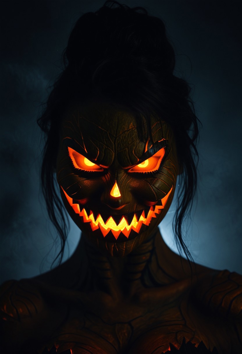 A terrifying woman with Jack O'Lantern-inspired makeup that appears to be fused with her skin, making it look like her face has transformed into a sinister carved pumpkin. The glowing eyes and sharp, jagged grin blend seamlessly with her facial features, as if her skin is stretching and cracking to reveal the pumpkin underneath. The eerie light casts deep shadows across her face, heightening the unsettling, frightful atmosphere.
