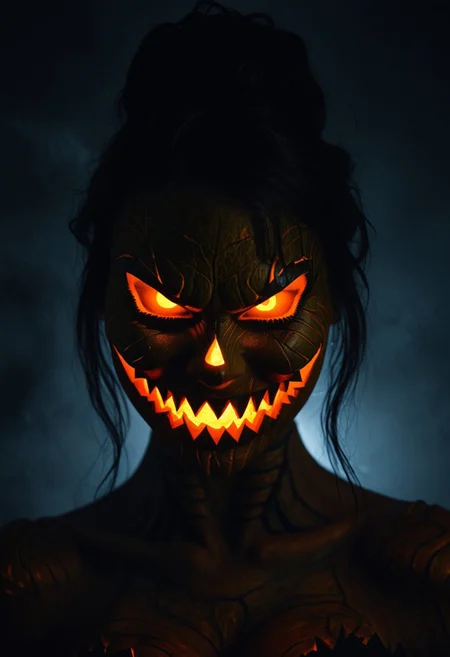 A terrifying woman with Jack O'Lantern-inspired makeup that appears to be fused with her skin, making it look like her face has transformed into a sinister carved pumpkin. The glowing eyes and sharp, jagged grin blend seamlessly with her facial features, as if her skin is stretching and cracking to reveal the pumpkin underneath. The eerie light casts deep shadows across her face, heightening the unsettling, frightful atmosphere.