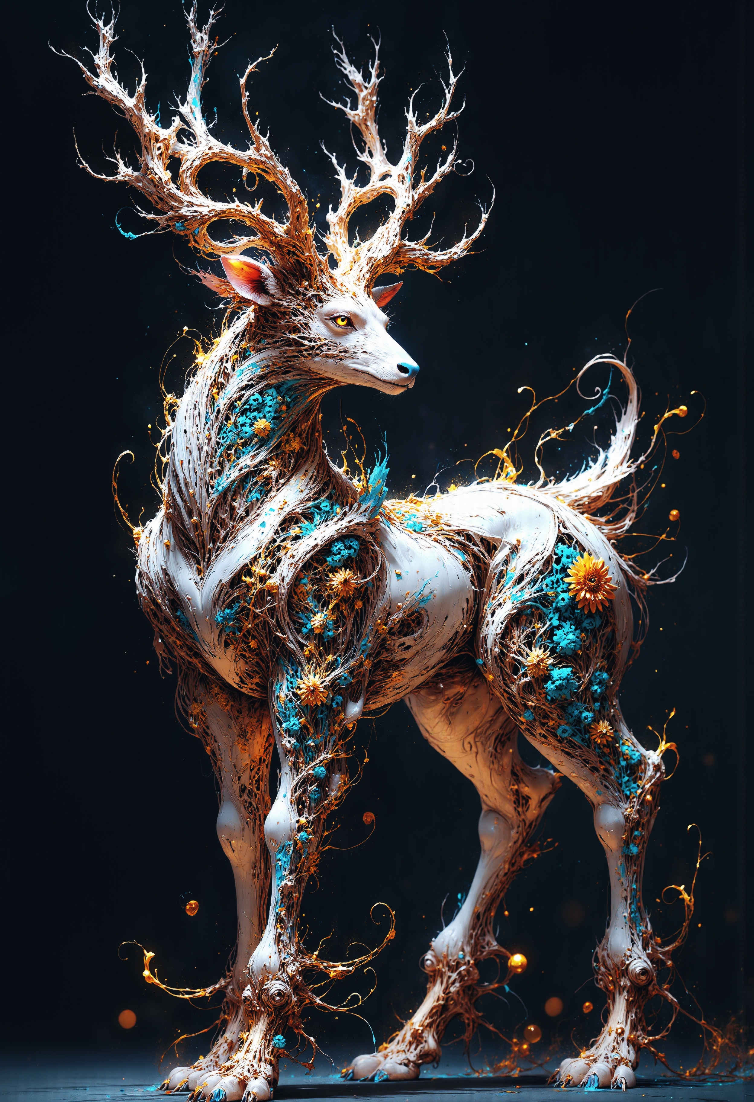 This is a highly detailed, digital artwork featuring a fantastical, hybrid creature that appears to be a cross between a deer and a mythical creature, with a stylized, ornate design. The creature's head and neck are adorned with intricate, swirling patterns and decorations that resemble a fusion of organic and mechanical elements. Its fur is a pale, almost ethereal white, covered in intricate, glowing gold and blue designs that resemble a mix of flowers, leaves, and mechanical components.