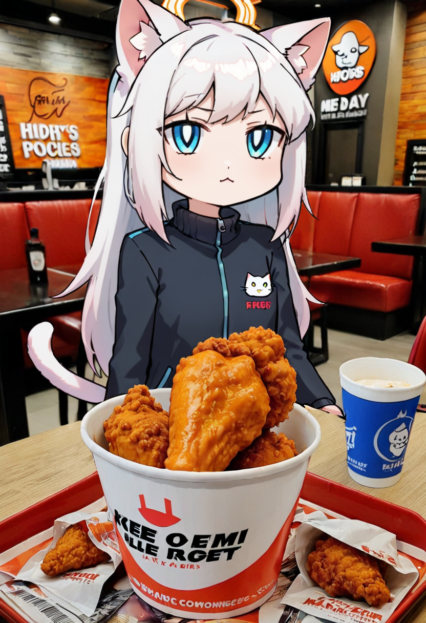 best quality,((ultra detailed)),(masterpiece),<lora:anime_girl_v1-000011:0.7>,A cartoon cat girl with  and white hair is sitting at a fast food restaurant eating chicken wings from a red and white bucket. blue eyes,photo background,animal ears,long hair,1girls,jacket,cat ears,food,pink hair,black jacket,indoors,cup,white hair,track jacket,hair ornament,tail,:<,closed mouth,long sleeves,closed eyes,