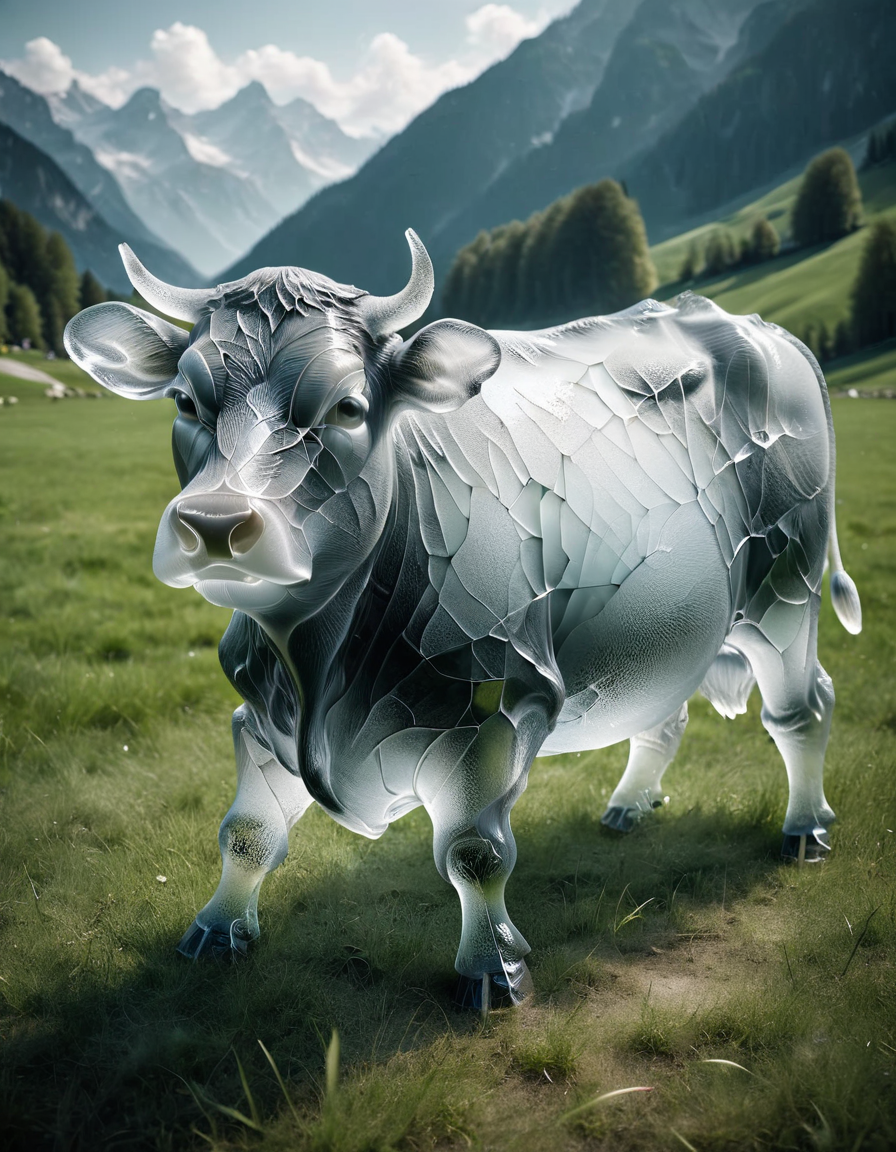 a cow on a grass meadow in the german alps, made of ral-milkyglass <lora:ral-milkyglass-sdxl:1> ral-milkyglass landscape