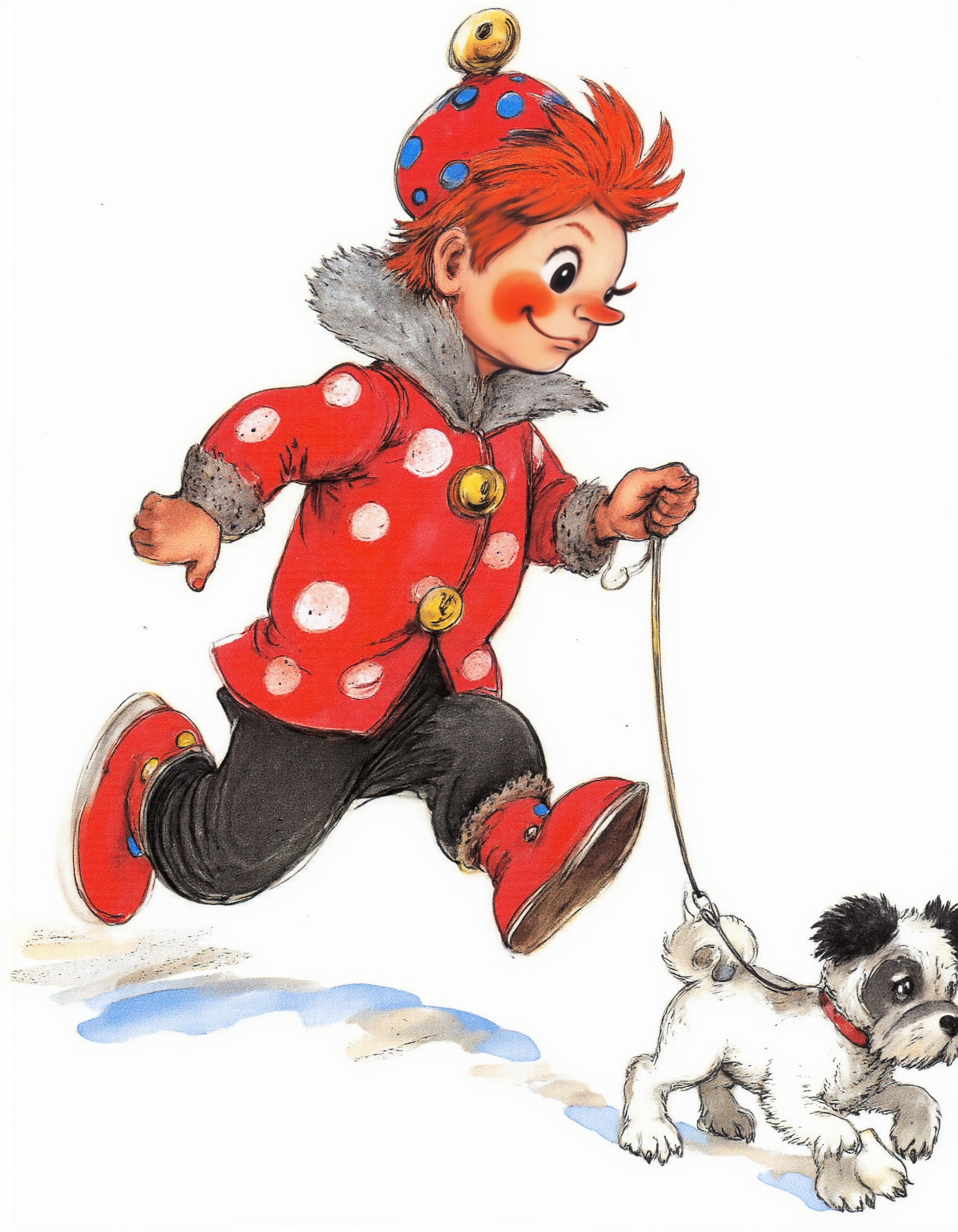 <lora:lv:1>, This is a colorful, whimsical drawing in a cartoon style, depicting a cheerful, young boy and his dog. The boy, who appears to be around six years old, is running to the right, holding a leash in his right hand. He has bright red hair that is tousled and sticking up, and he wears a red hat with a blue polka dot pattern and a yellow bell on top. His eyes are large and expressive, and his rosy cheeks add to his animated appearance. He is dressed in a red coat with large, white polka dots, black pants with white stripes, and red boots. The dog he is walking is small and white with black patches on its face and ears, and it has a playful expression. The dog is walking to the right on a leash, and its paws are leaving small, white paw prints in the snow. The background is plain white, making the vibrant colors of the boy and dog stand out prominently. The drawing has a playful, lively atmosphere, with soft, textured brushstrokes that give it a hand-drawn, sketch-like quality. The overall style is reminiscent of classic children's book illustrations, evoking a sense of joy and adventure.